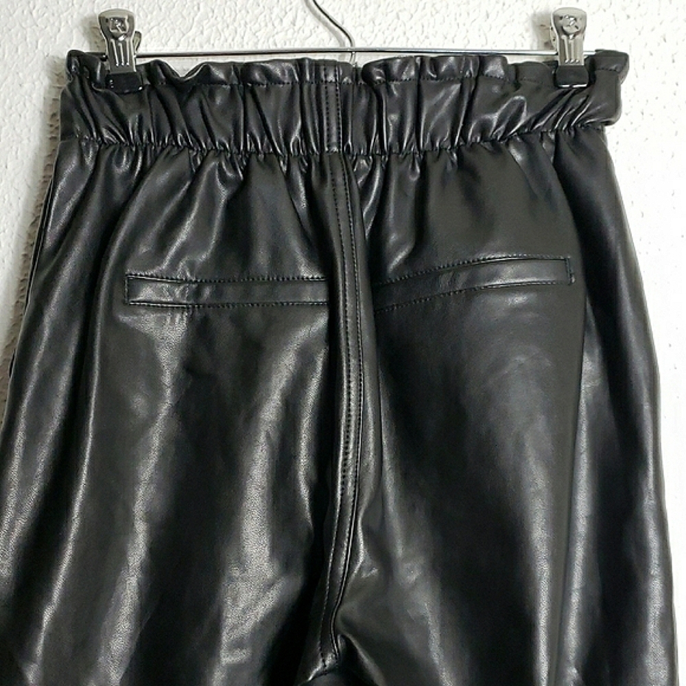Abercrombie & Fitch Black Faux Leather Paperbag Pants Tie Waist Straight Leg S - Picture 7 of 13